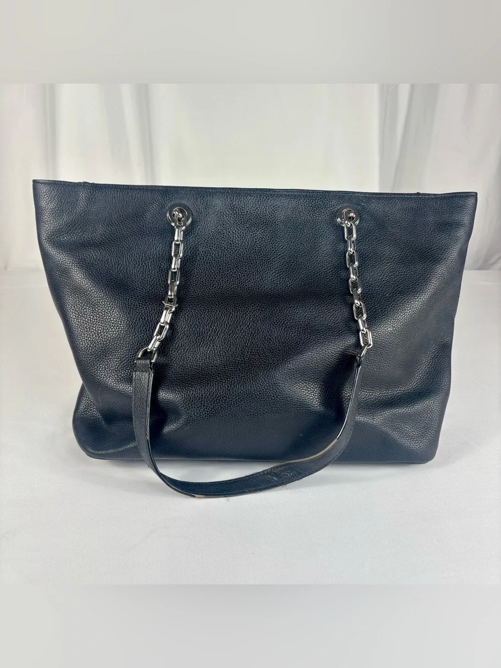 Michael Kors Large Pebbled Leather Chain Tote Bag Navy Silver Hardware